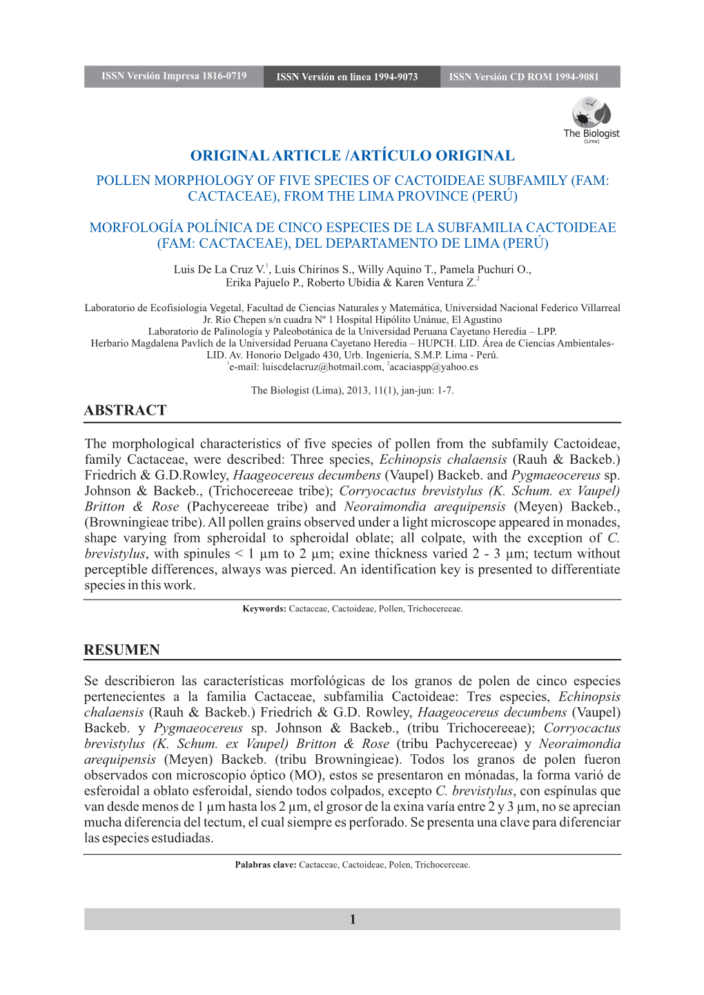 Pollen Morphology of Five Species of Cactoideae Subfamily (Fam: Cactaceae), from the Lima Province (Perú)