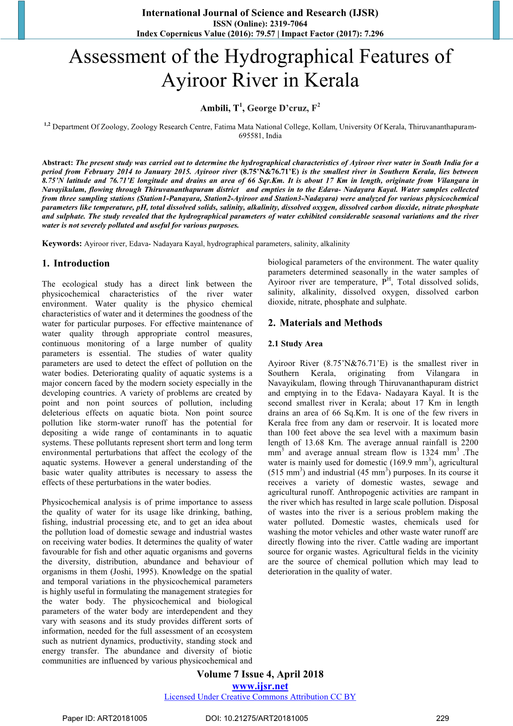 Assessment of the Hydrographical Features of Ayiroor River in Kerala