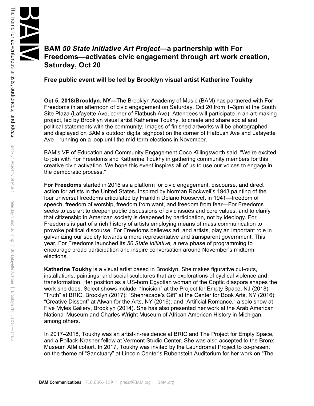 BAM 50 State Initiative Art Project—A Partnership with for Freedoms—Activates Civic Engagement Through Art Work Creation, Saturday, Oct 20