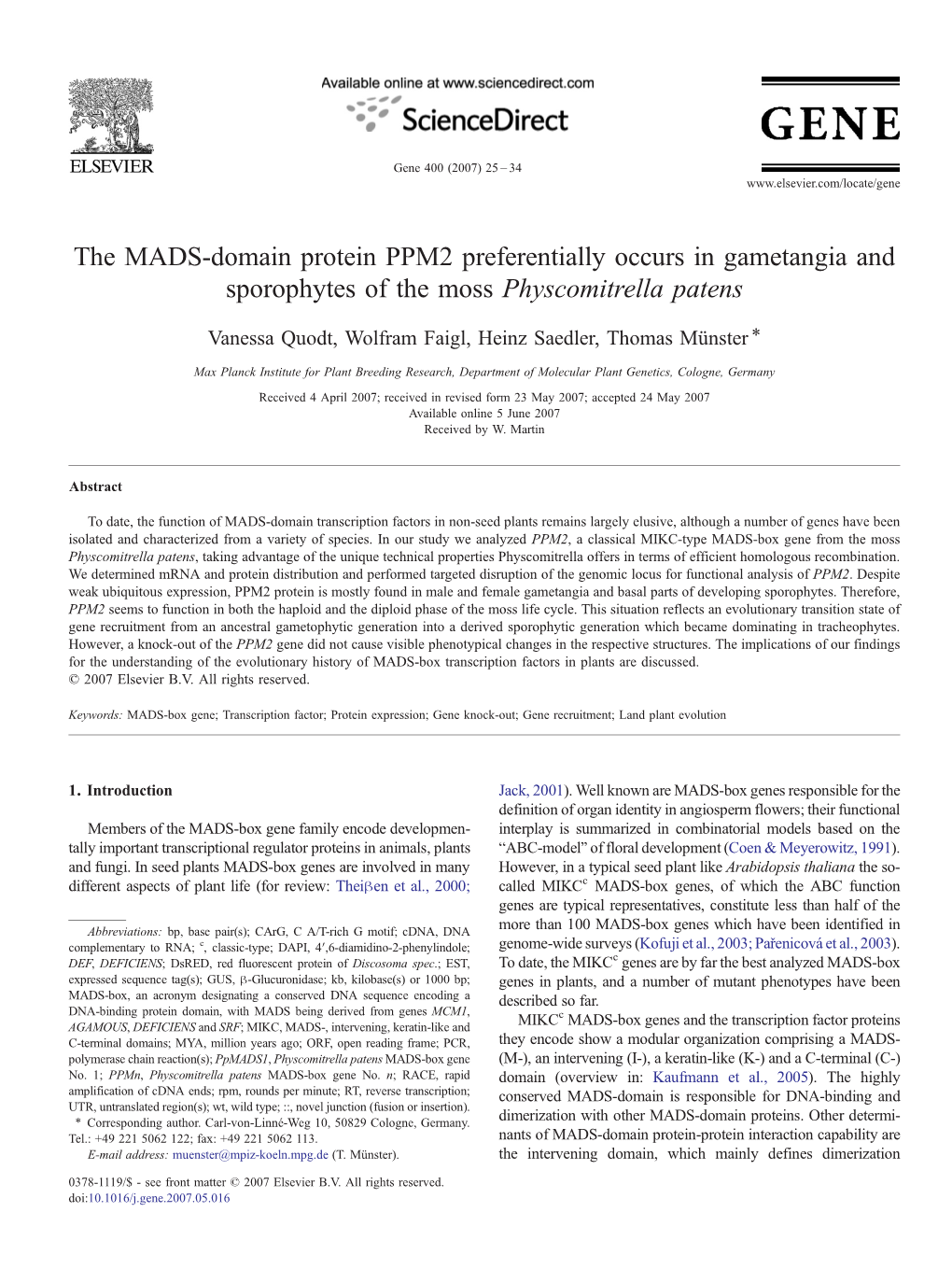 The MADS-Domain Protein PPM2 Preferentially Occurs in Gametangia