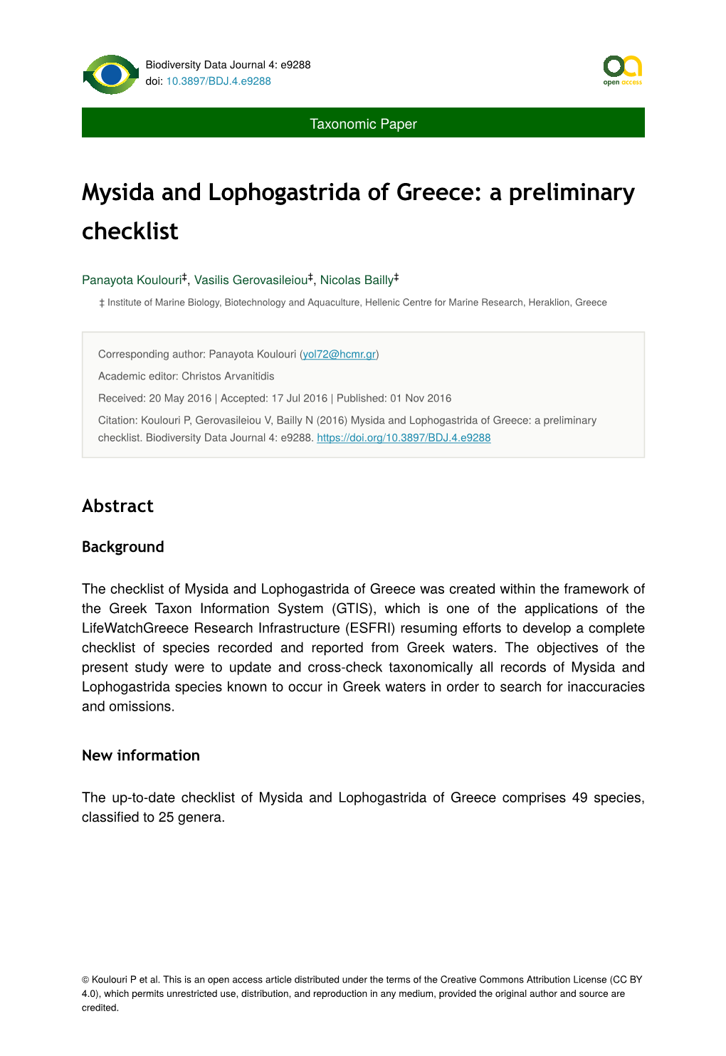 Mysida and Lophogastrida of Greece: a Preliminary Checklist