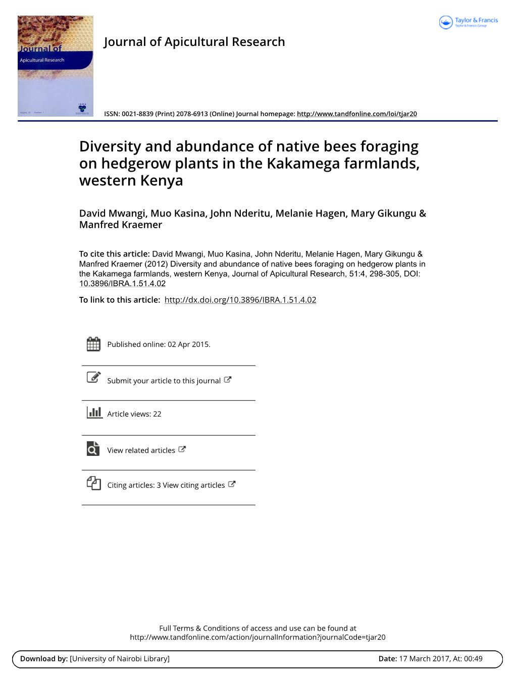 Diversity and Abundance of Native Bees Foraging on Hedgerow Plants in the Kakamega Farmlands, Western Kenya