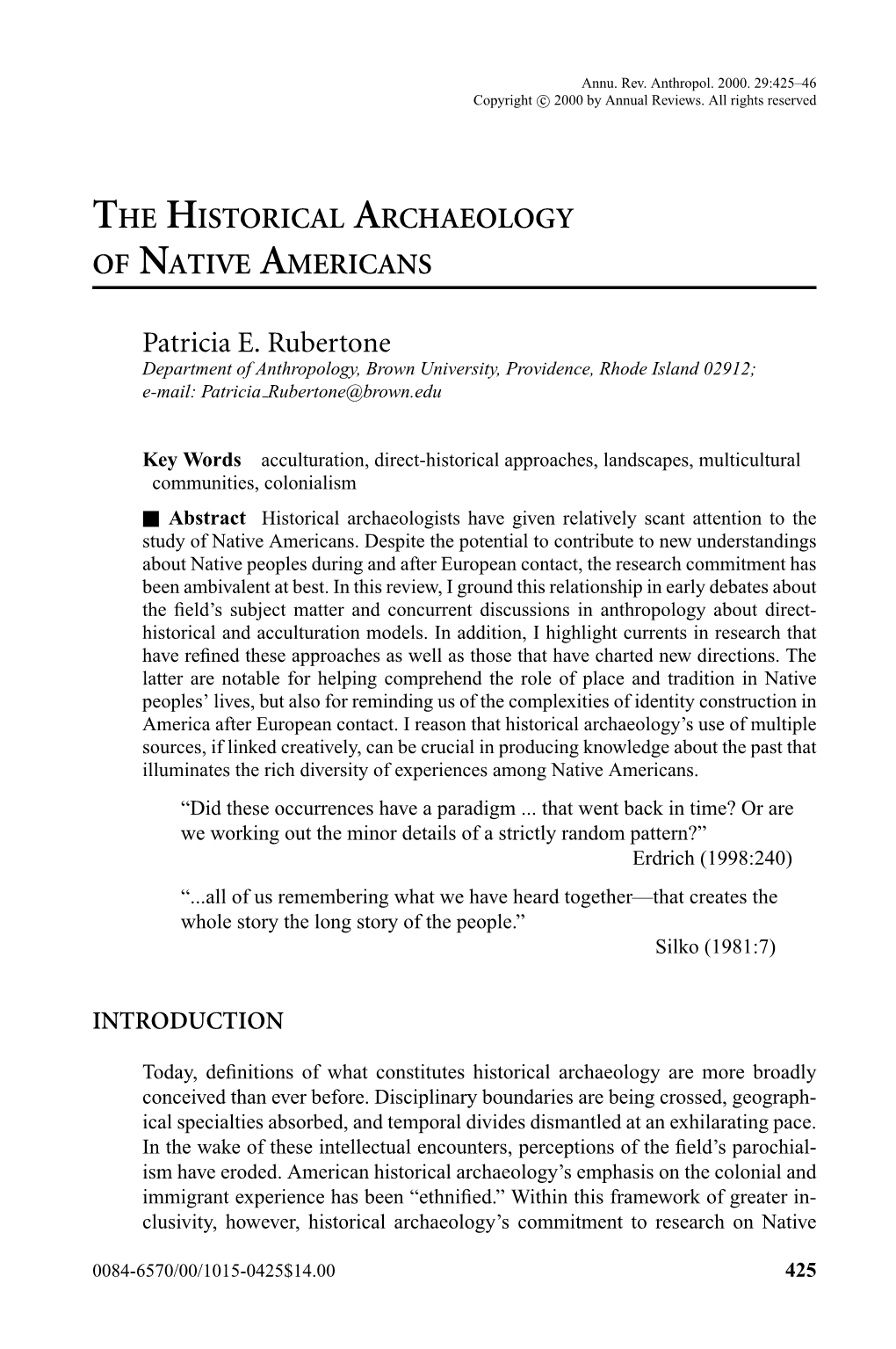 THE HISTORICAL ARCHAEOLOGY of NATIVE AMERICANS Patricia E