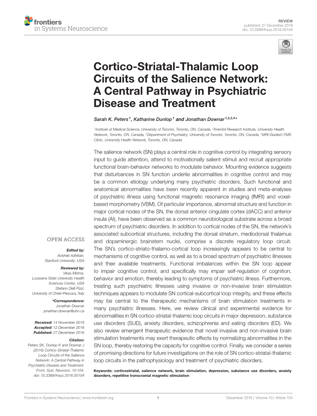 Cortico-Striatal-Thalamic Loop Circuits of the Salience Network: a Central Pathway in Psychiatric Disease and Treatment