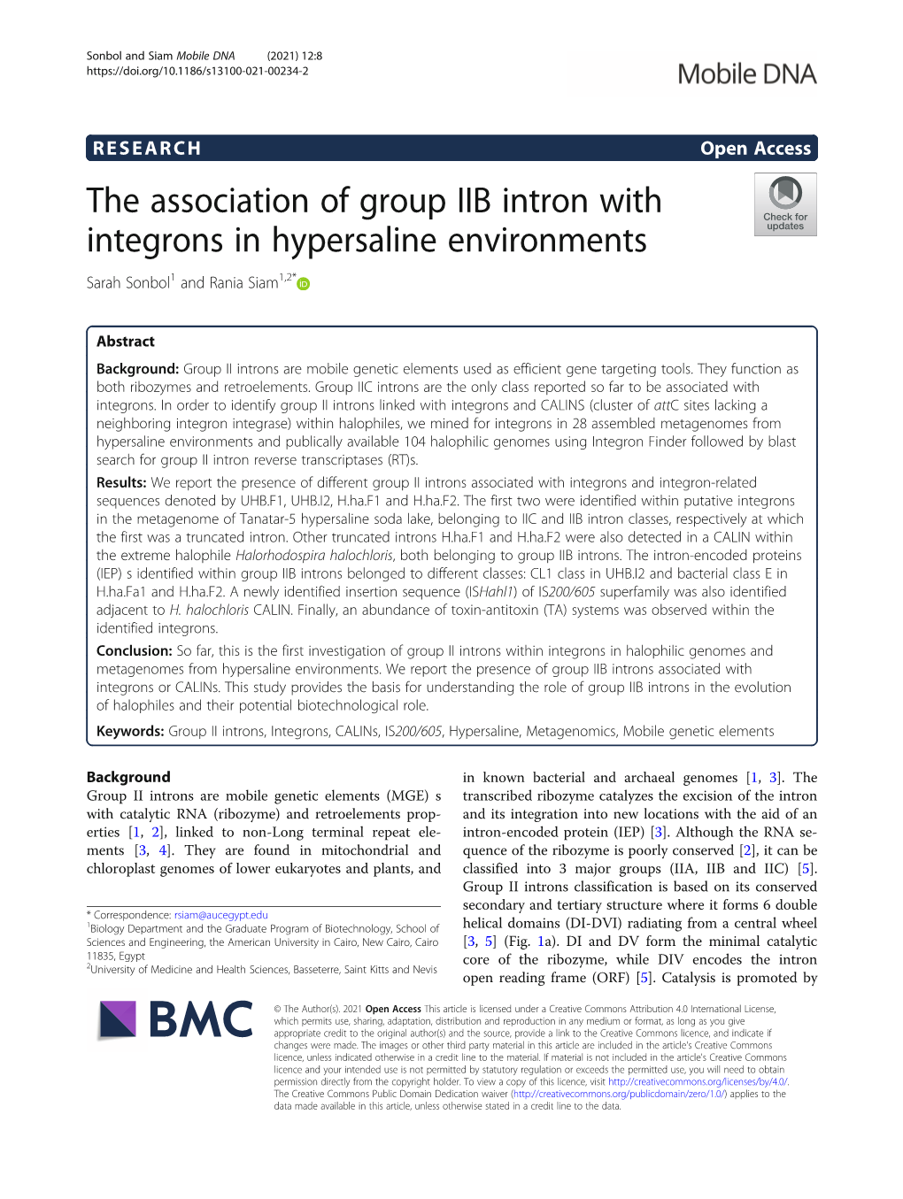 The Association of Group IIB Intron with Integrons in Hypersaline Environments Sarah Sonbol1 and Rania Siam1,2*