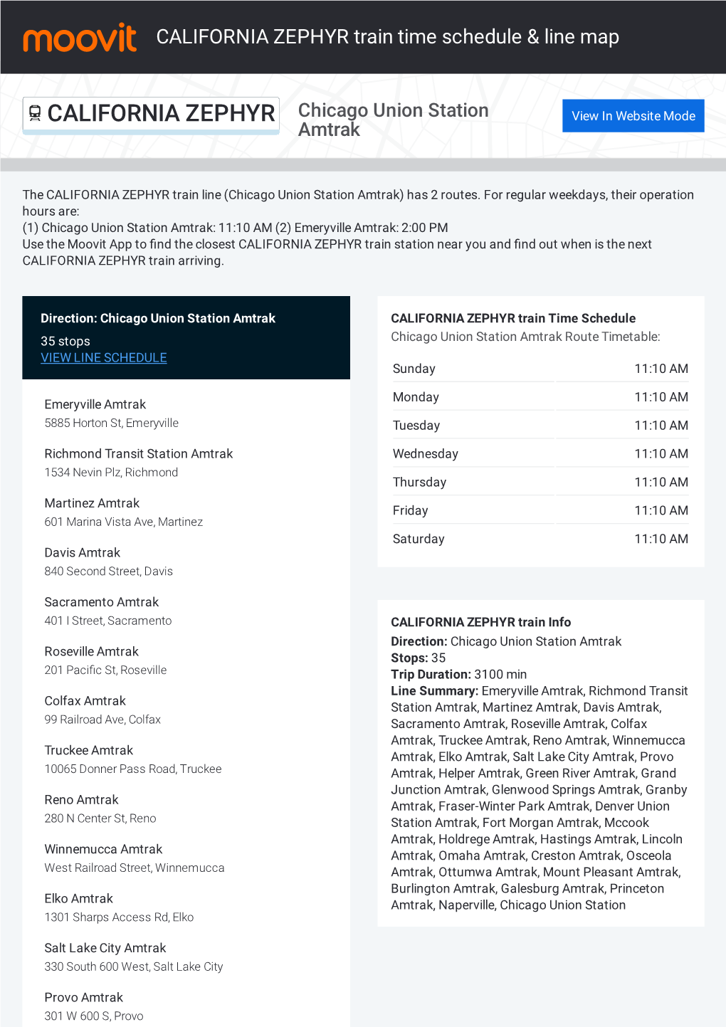 CALIFORNIA ZEPHYR Train Time Schedule & Line Route