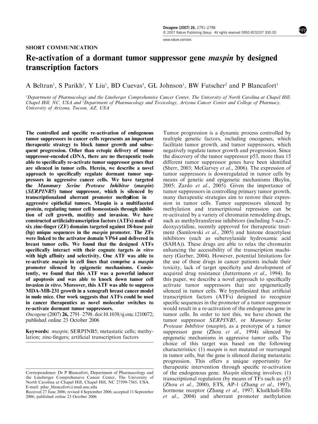 Re-Activation of a Dormant Tumor Suppressor Gene Maspin by Designed Transcription Factors