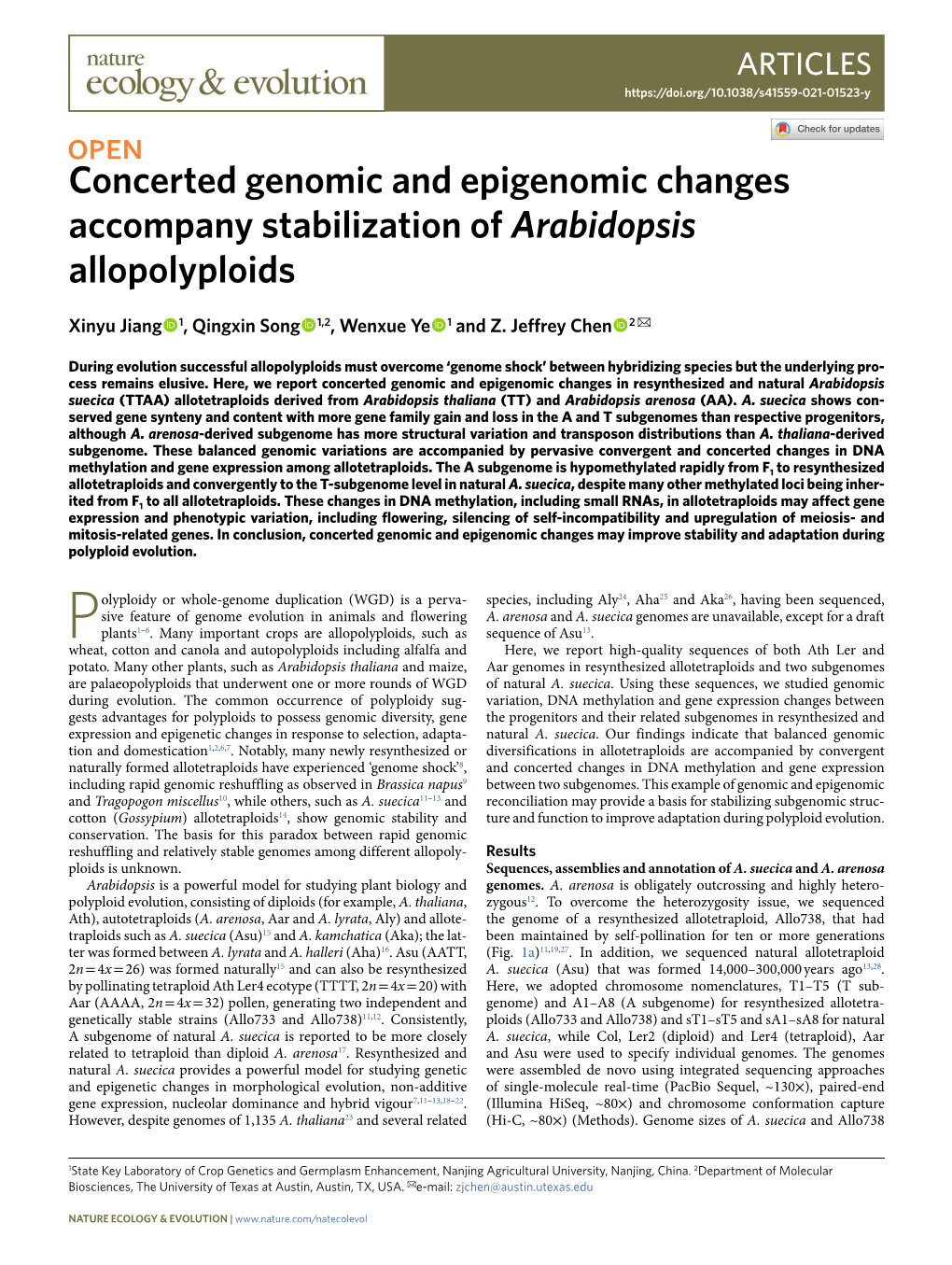 Concerted Genomic and Epigenomic Changes Accompany Stabilization of Arabidopsis Allopolyploids