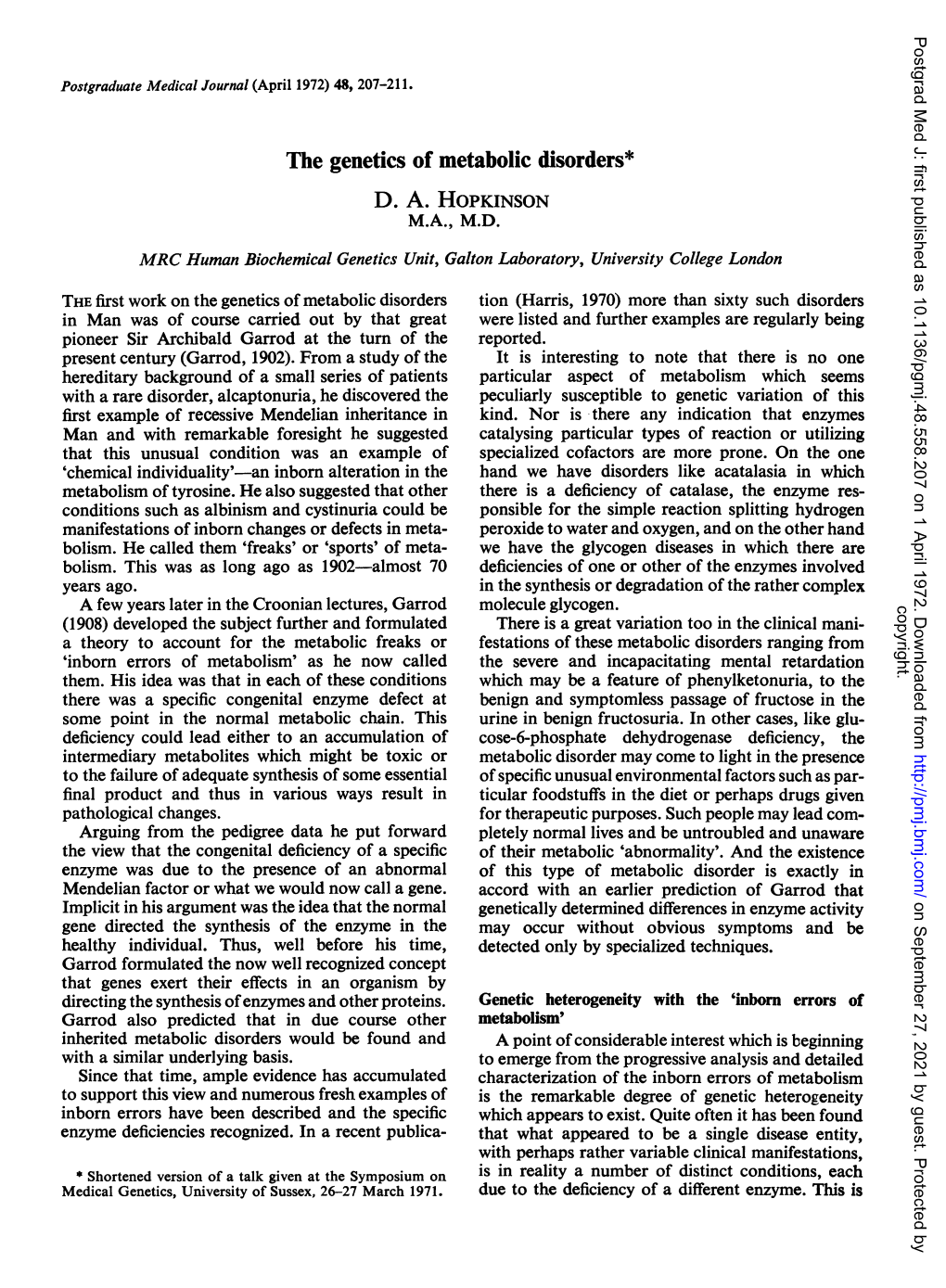 The Genetics of Metabolic Disorders* D