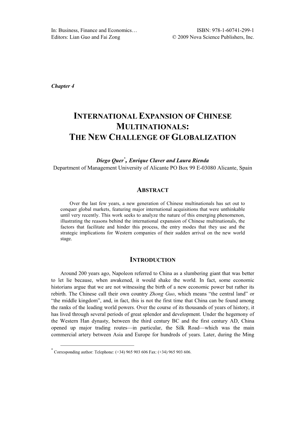 International Expansion of Chinese Multinationals: the New Challenge Of