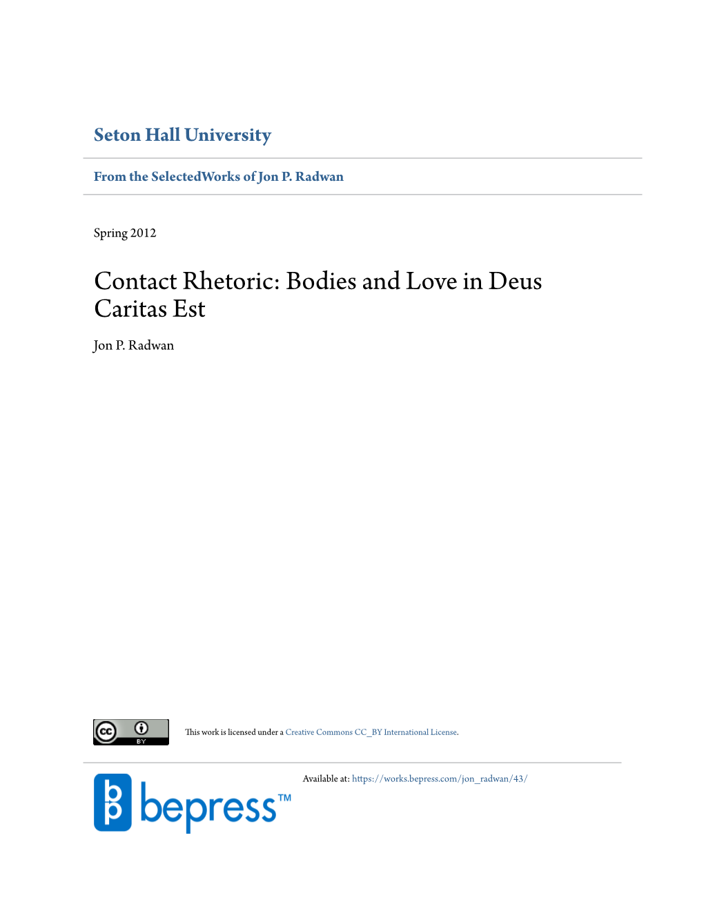 Contact Rhetoric: Bodies and Love in Deus Caritas Est Jon P
