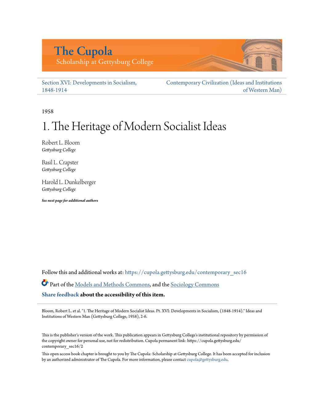 1. the Heritage of Modern Socialist Ideas