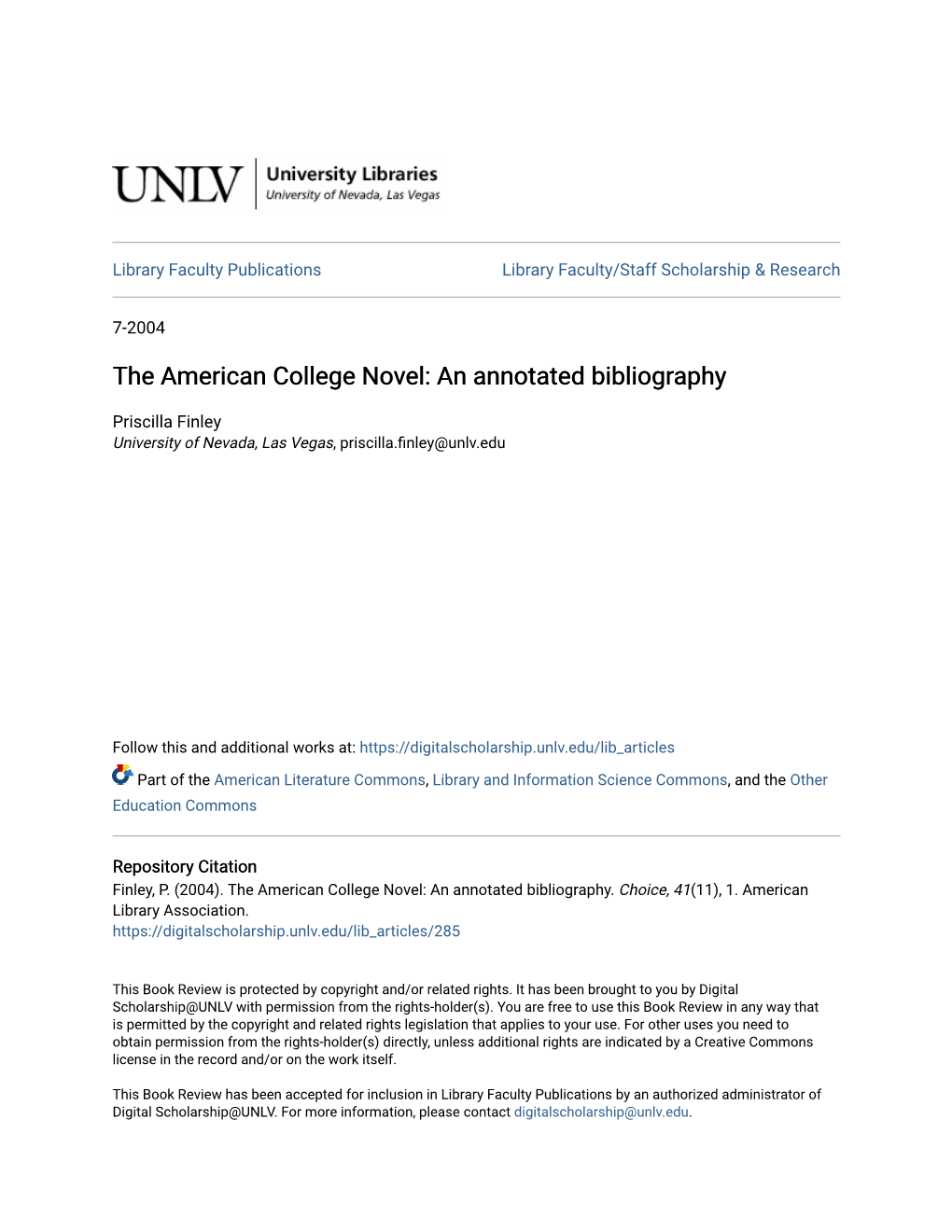 The American College Novel: an Annotated Bibliography