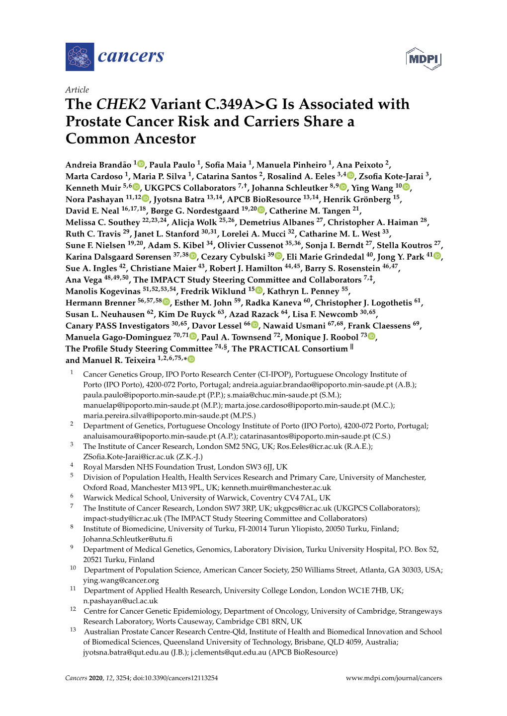 The CHEK2 Variant C.349A>G Is Associated with Prostate Cancer