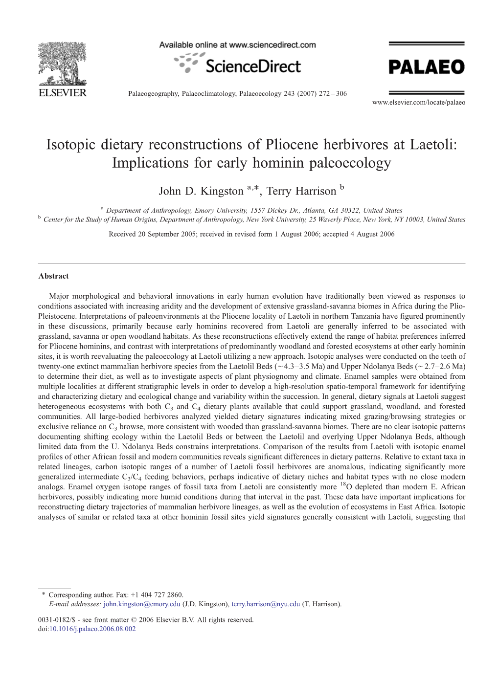 Isotopic Dietary Reconstructions of Pliocene Herbivores at Laetoli: Implications for Early Hominin Paleoecology ⁎ John D