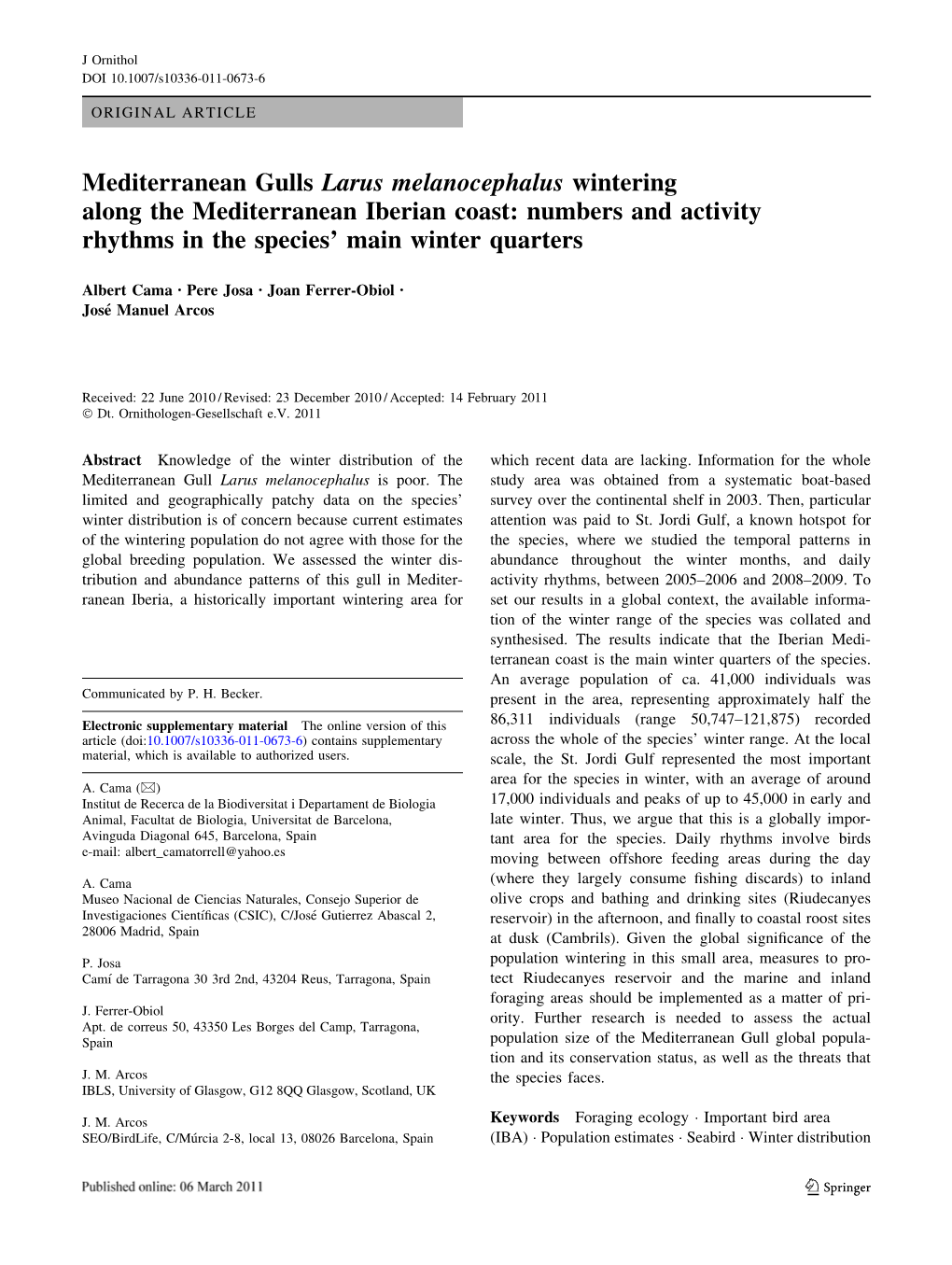 Mediterranean Gulls Larus Melanocephalus Wintering Along the Mediterranean Iberian Coast: Numbers and Activity Rhythms in the Species’ Main Winter Quarters