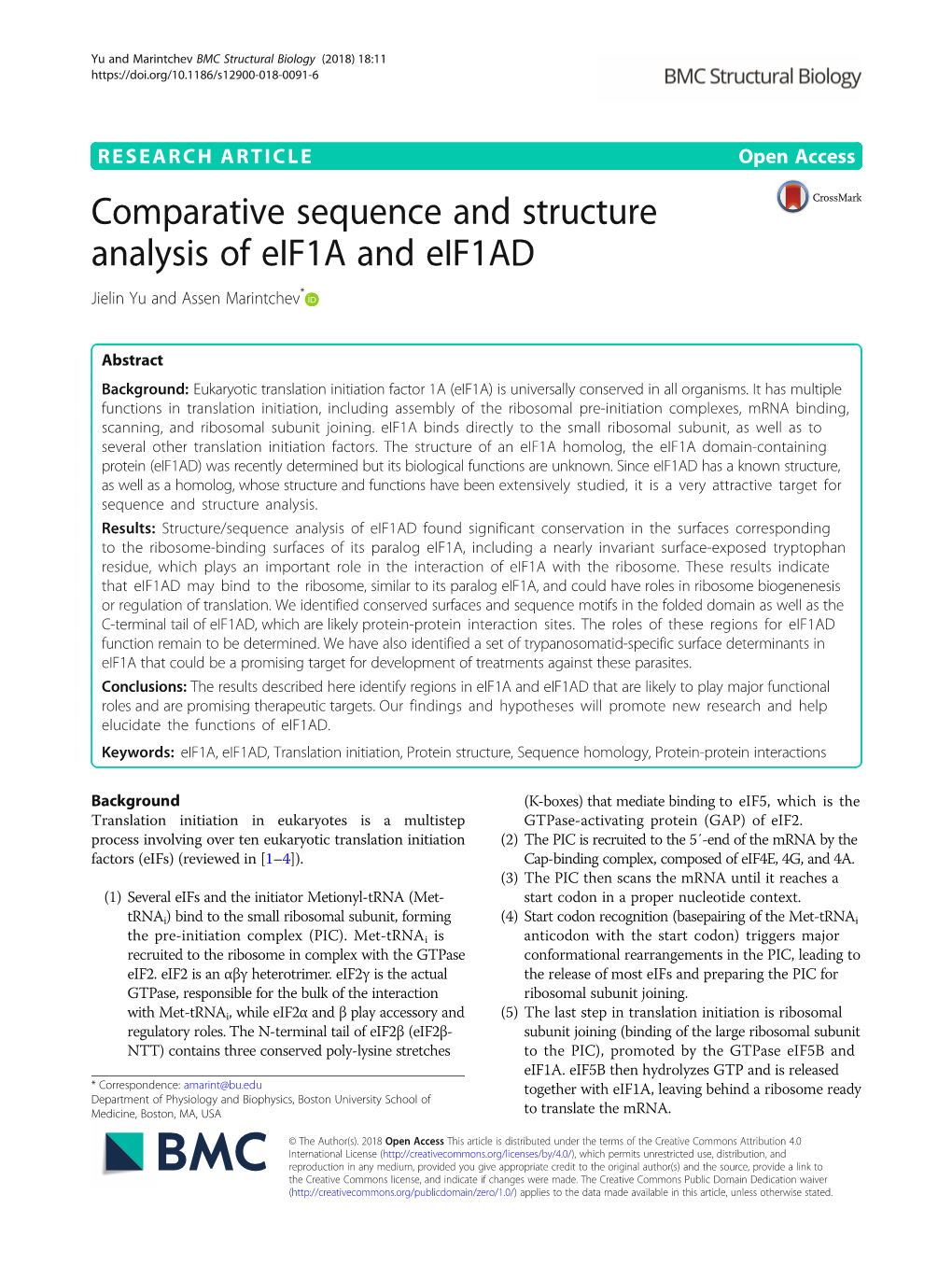 Comparative Sequence and Structure Analysis of Eif1a and Eif1ad Jielin Yu and Assen Marintchev*