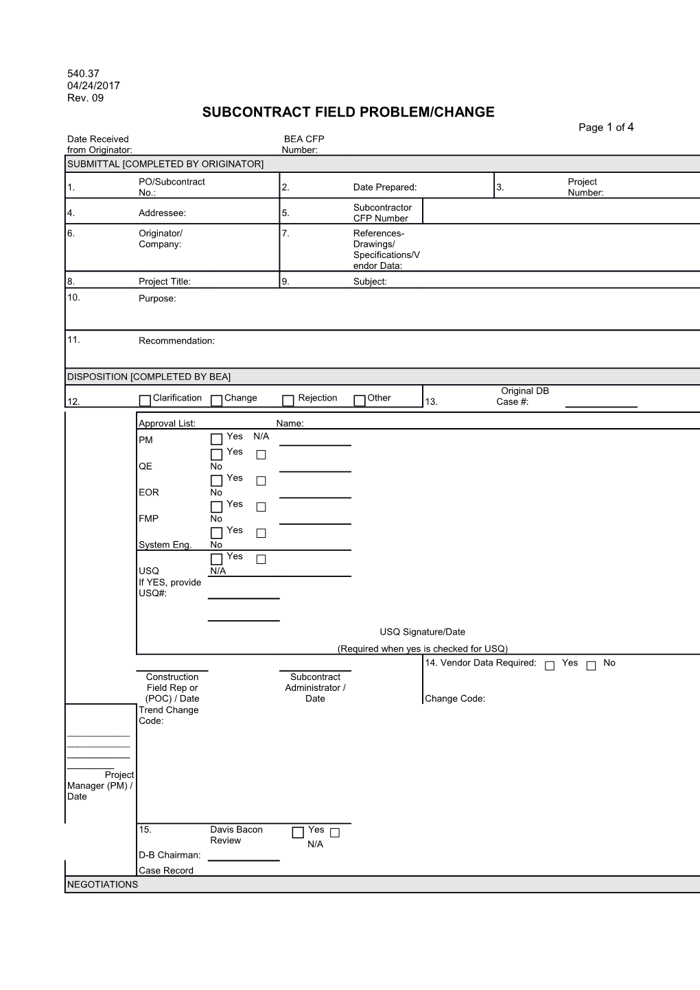 Subcontract Field Problem/Change