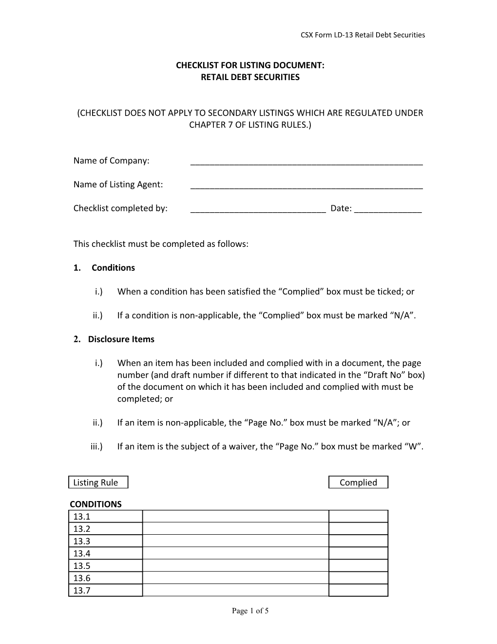 Checklist for Listing Particulars: Issue of Securities by a Mutual Fund