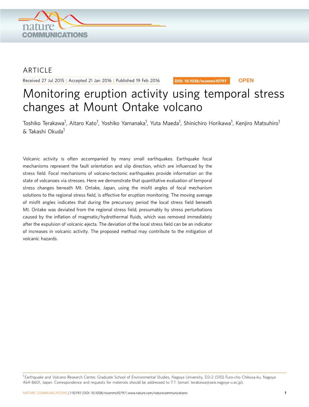 Monitoring Eruption Activity Using Temporal Stress Changes at Mount Ontake Volcano