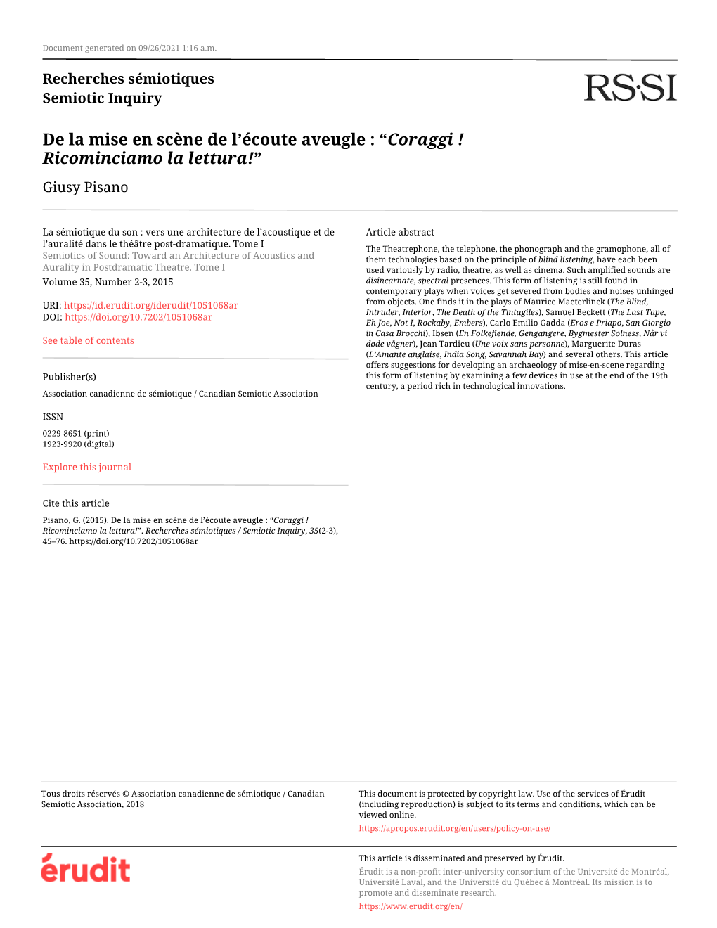 De La Mise En Scène De L'écoute Aveugle : “Coraggi ! Ricominciamo La Lettura!”