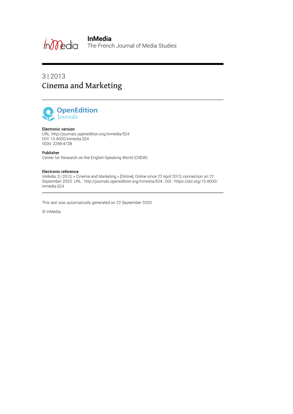 Inmedia, 3 | 2013, « Cinema and Marketing » [Online], Online Since 22 April 2013, Connection on 22 September 2020