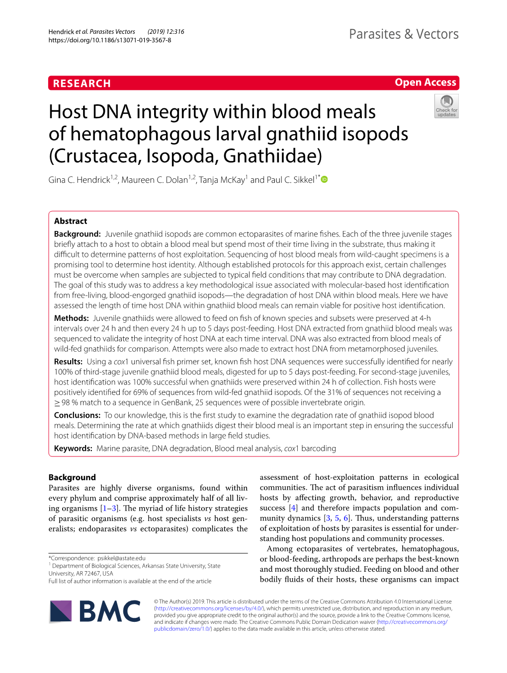 Host DNA Integrity Within Blood Meals of Hematophagous Larval Gnathiid Isopods (Crustacea, Isopoda, Gnathiidae) Gina C
