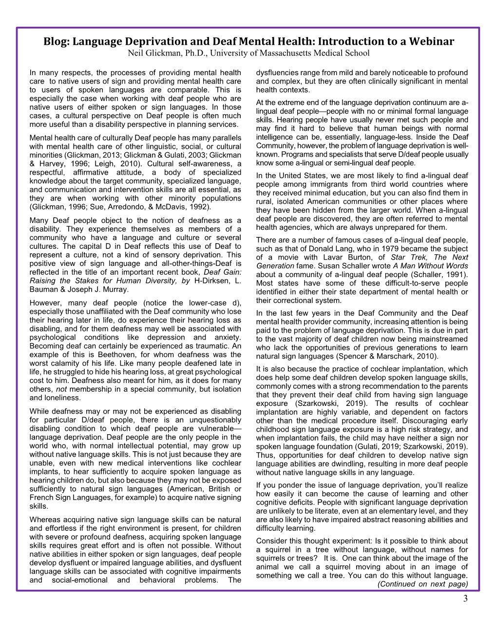 Blog: Language Deprivation and Deaf Mental Health: Introduction to a Webinar Neil Glickman, Ph.D., University of Massachusetts Medical School