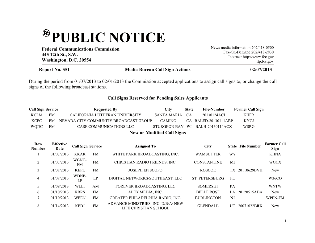 PUBLIC NOTICE Federal Communications Commission News Media Information 202/418-0500 Fax-On-Demand 202/418-2830 445 12Th St., S.W