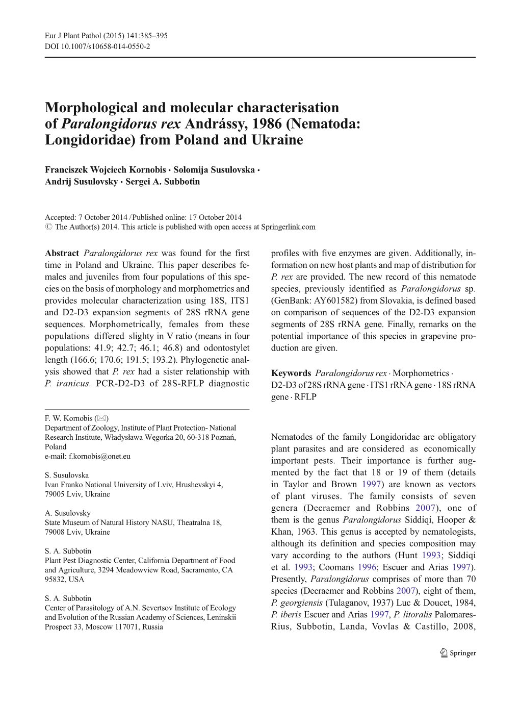 Morphological and Molecular Characterisation of Paralongidorus Rex Andrássy, 1986 (Nematoda: Longidoridae) from Poland and Ukraine