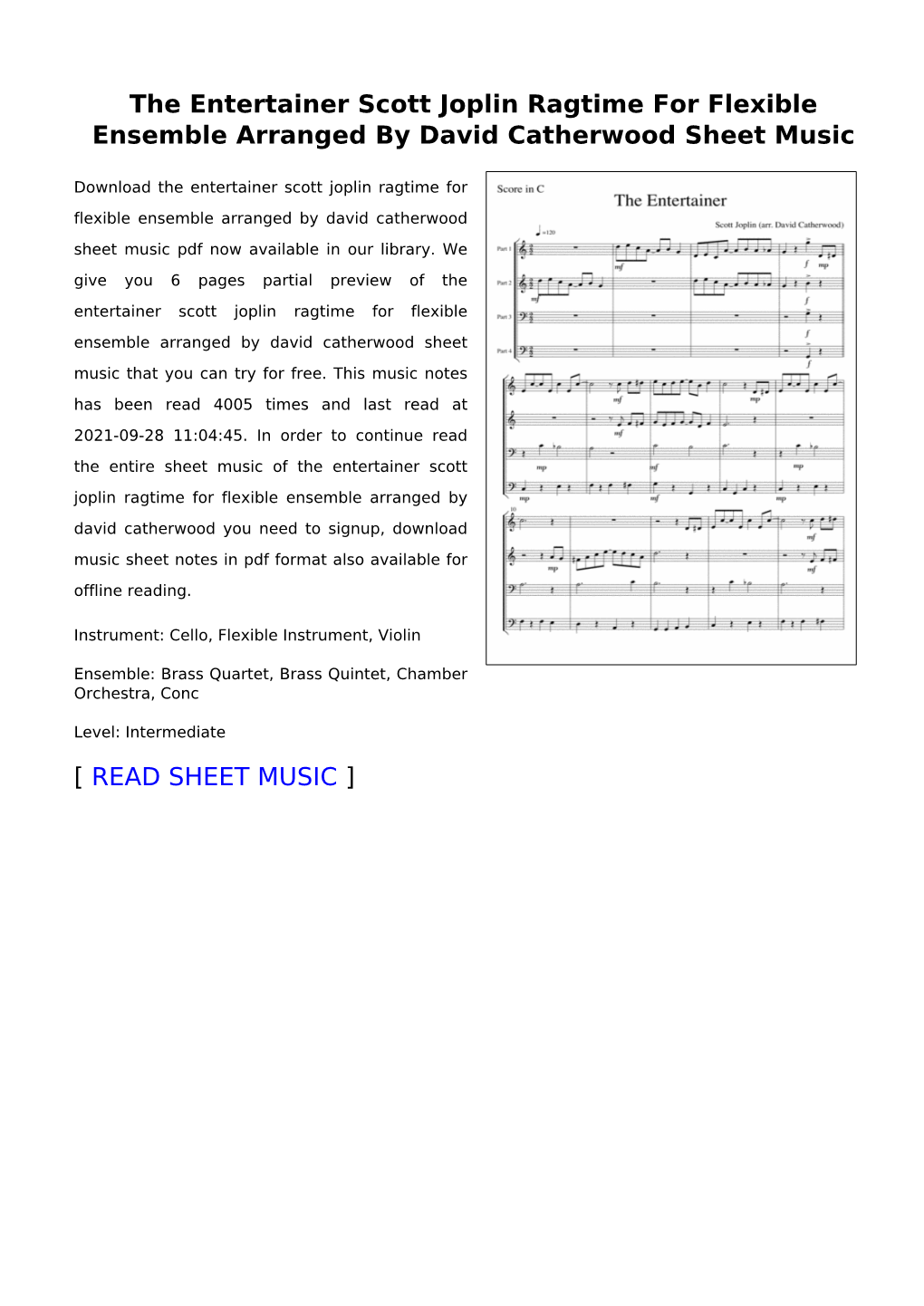 The Entertainer Scott Joplin Ragtime for Flexible Ensemble Arranged by David Catherwood Sheet Music