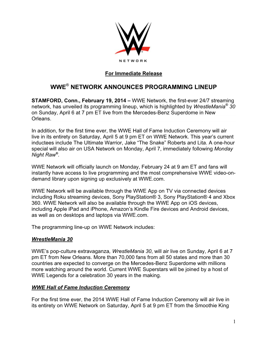 Wwe Network Announces Programming