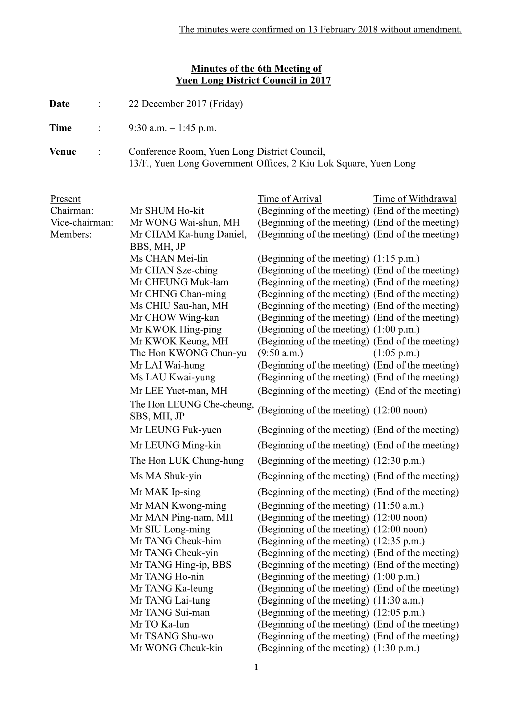 Minutes of the 6Th Meeting of Yuen Long District Council in 2017 Date