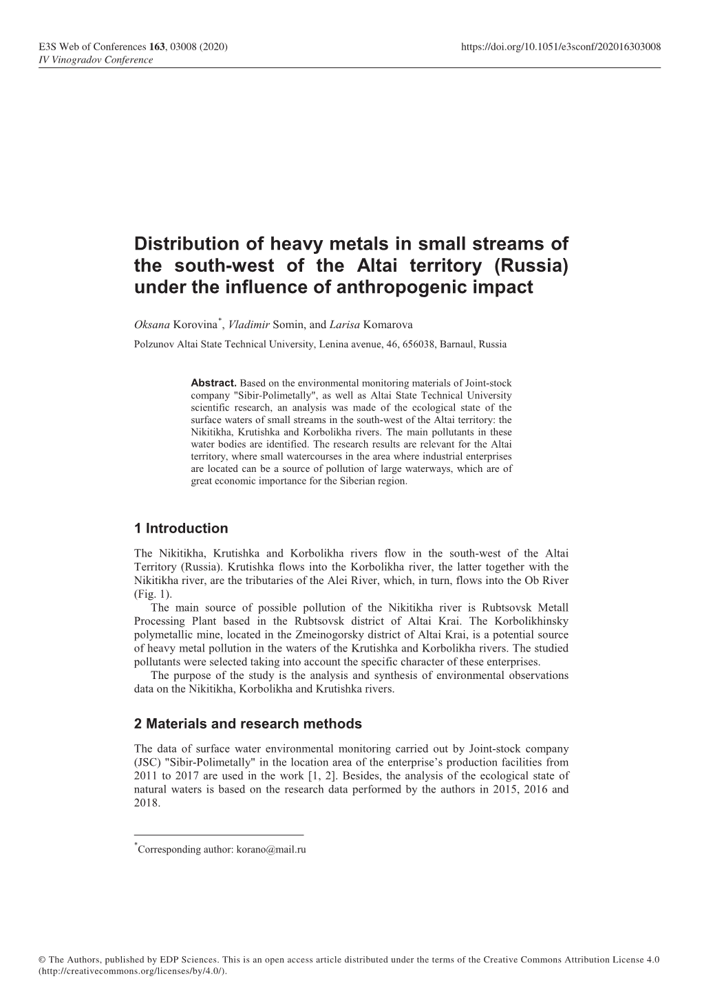 Distribution of Heavy Metals in Small Streams of the South-West of the Altai Territory (Russia) Under the Influence of Anthropogenic Impact