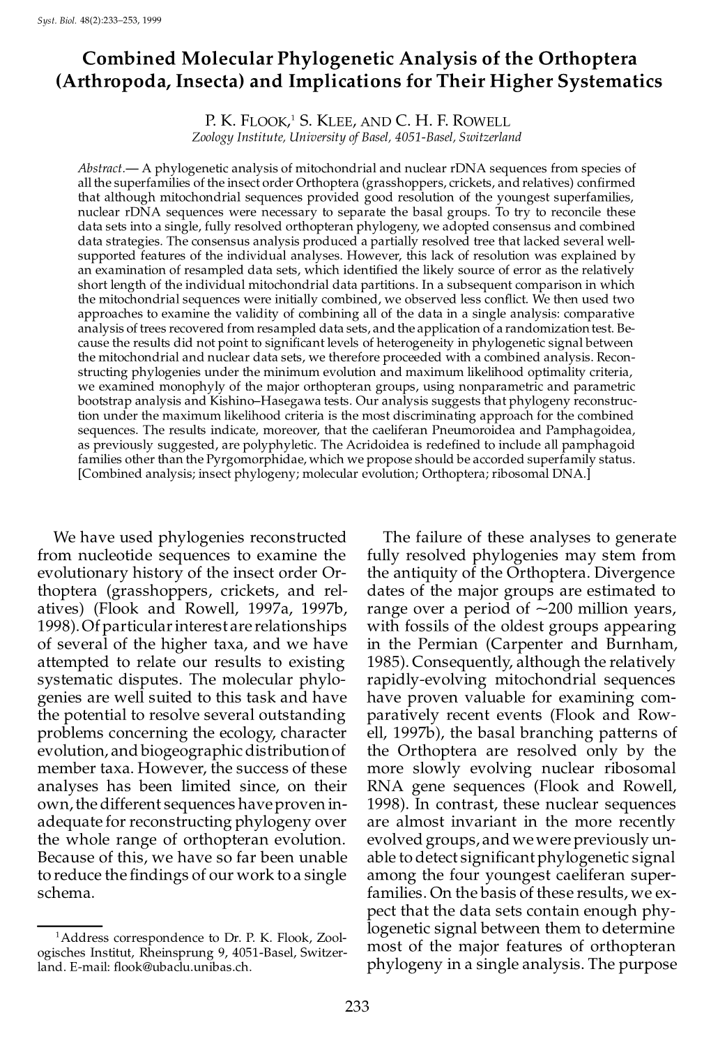 Combined Molecular Phylogenetic Analysis of the Orthoptera