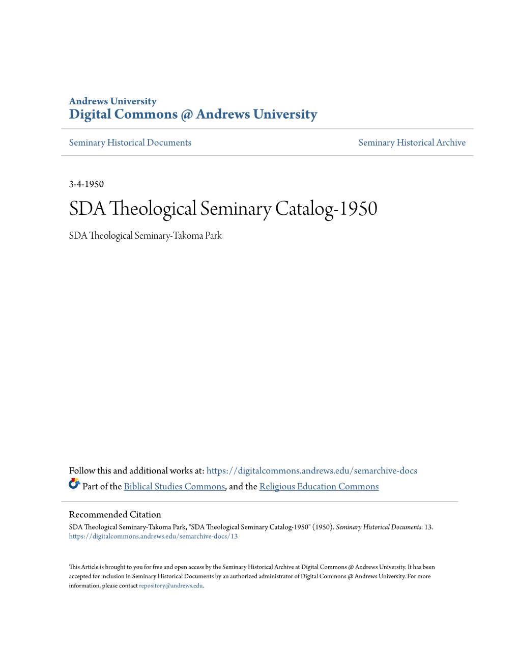 SDA Theological Seminary Catalog-1950 SDA Theological Seminary-Takoma Park