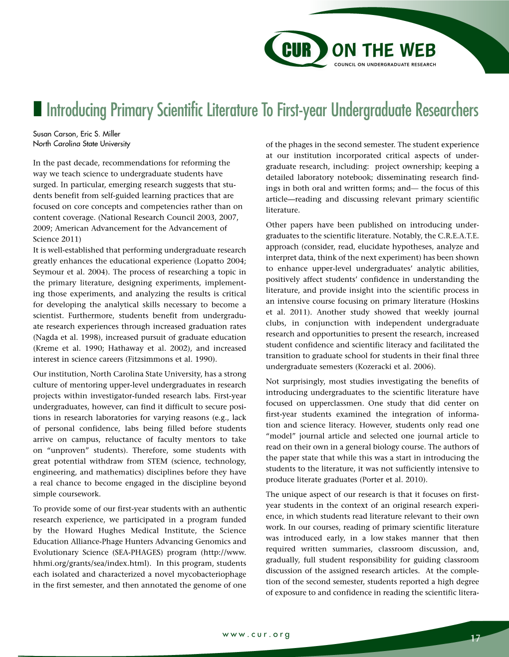 I Introducing Primary Scientific Literature to First-Year