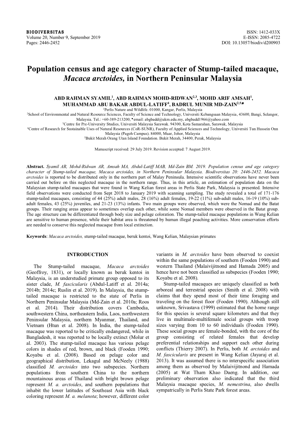 Population Census and Age Category Character of Stump-Tailed Macaque, Macaca Arctoides, in Northern Peninsular Malaysia