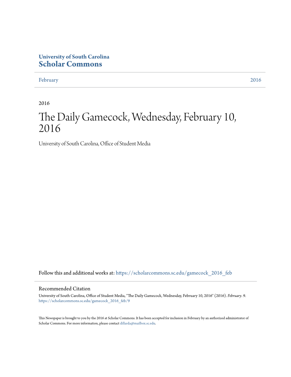 The Daily Gamecock, Wednesday, February 10, 2016