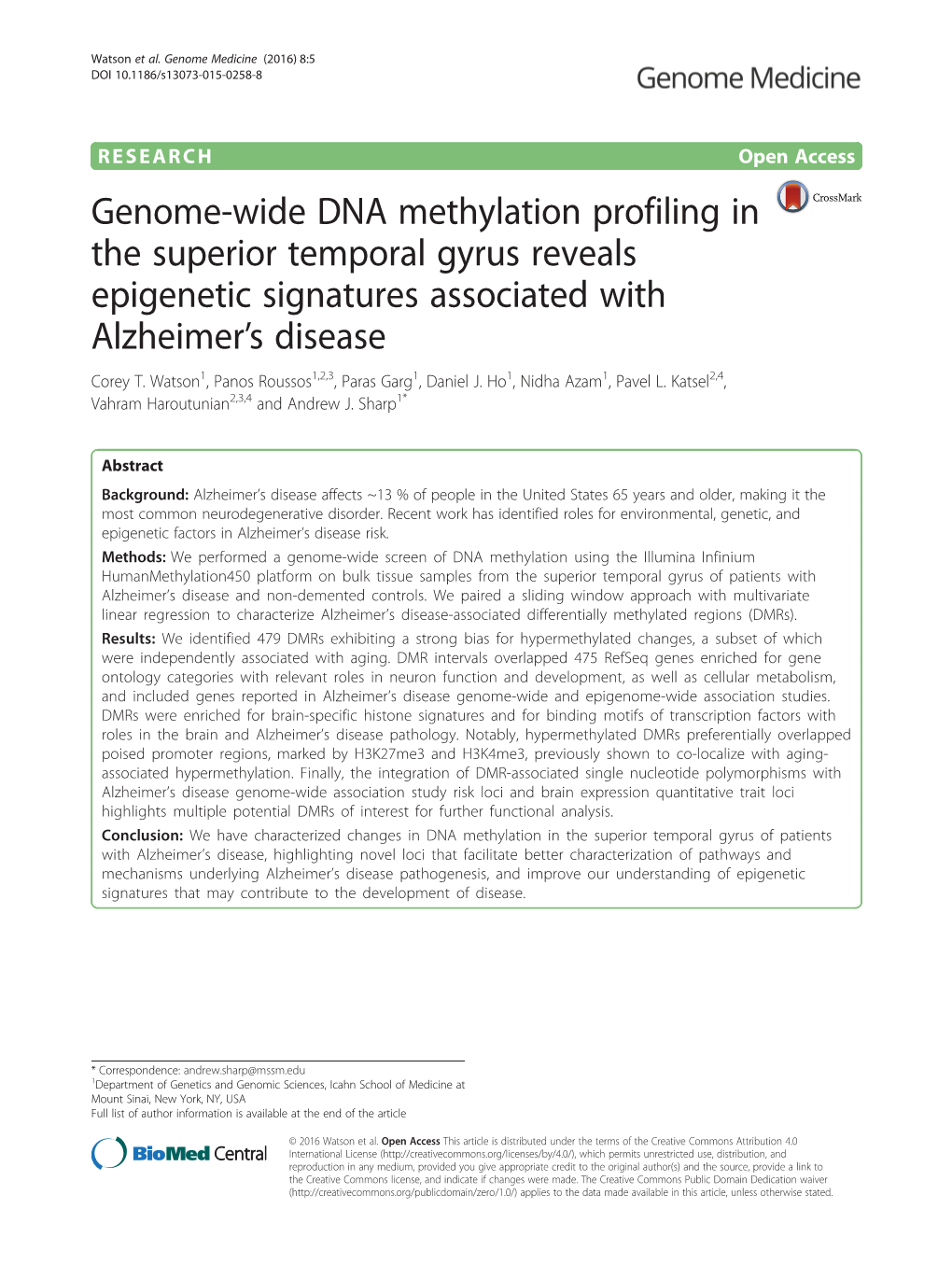 Genome-Wide DNA Methylation Profiling in the Superior Temporal Gyrus Reveals Epigenetic Signatures Associated with Alzheimer's