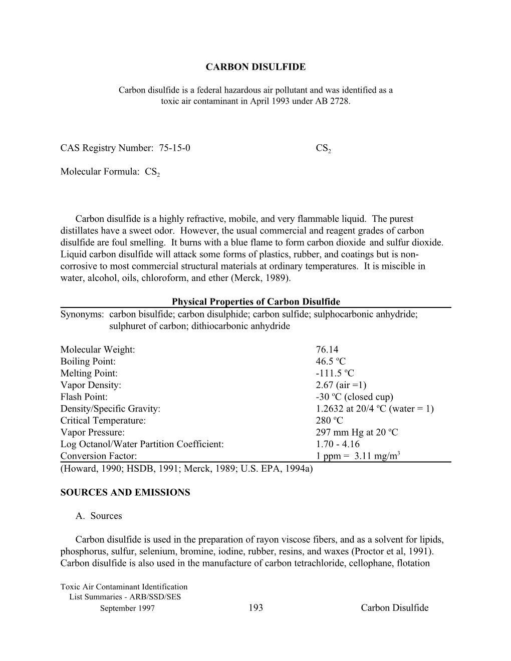 1997-11-12 Carbon Disulfide As Federal Hazardous Air Pollutant