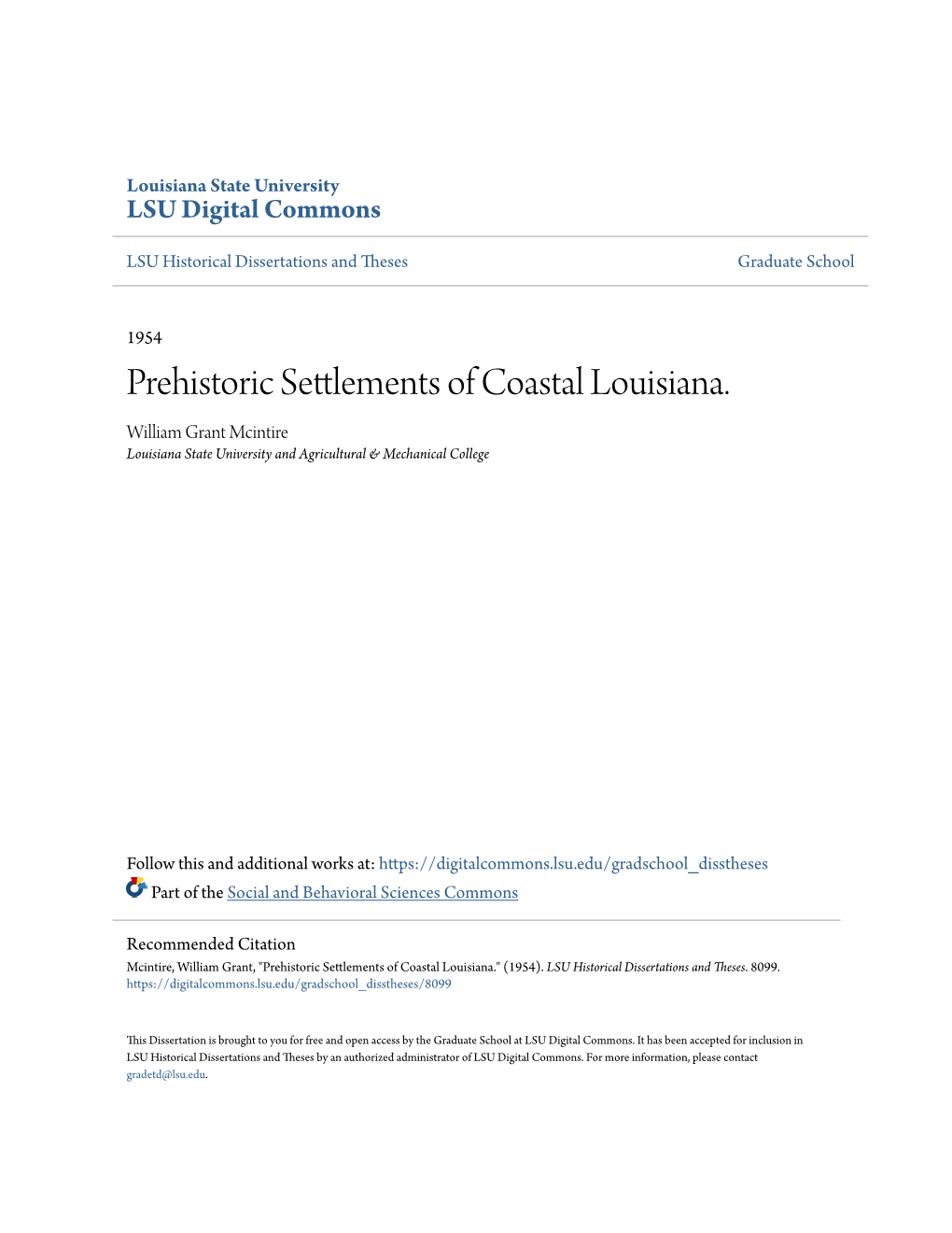 Prehistoric Settlements of Coastal Louisiana. William Grant Mcintire Louisiana State University and Agricultural & Mechanical College