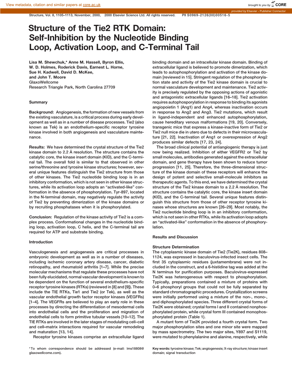 Structure of the Tie2 RTK Domain: Self-Inhibition by the Nucleotide Binding Loop, Activation Loop, and C-Terminal Tail