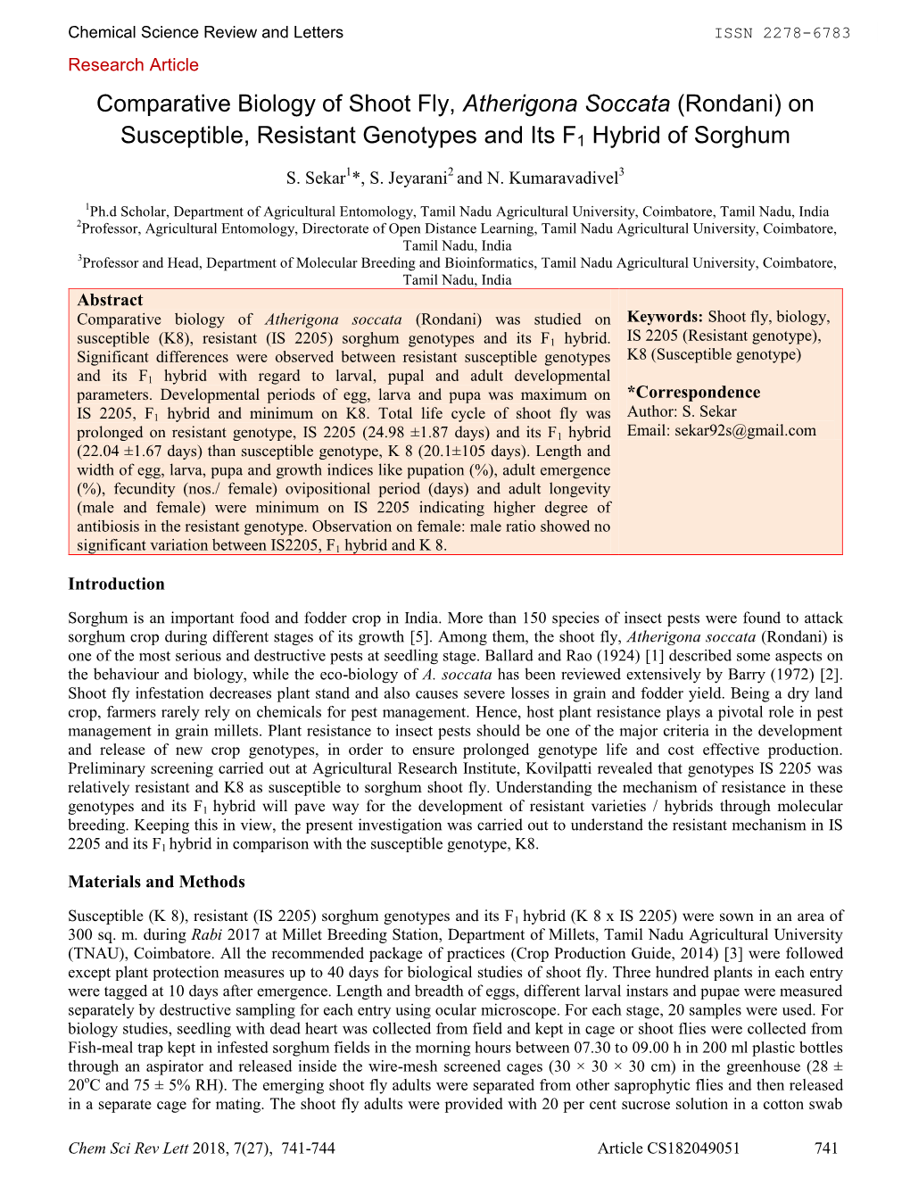 Comparative Biology of Shoot Fly, Atherigona Soccata (Rondani) On