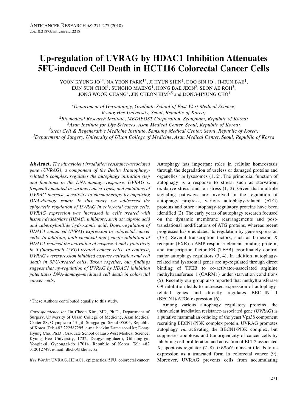 Up-Regulation of UVRAG by HDAC1 Inhibition Attenuates 5FU-Induced