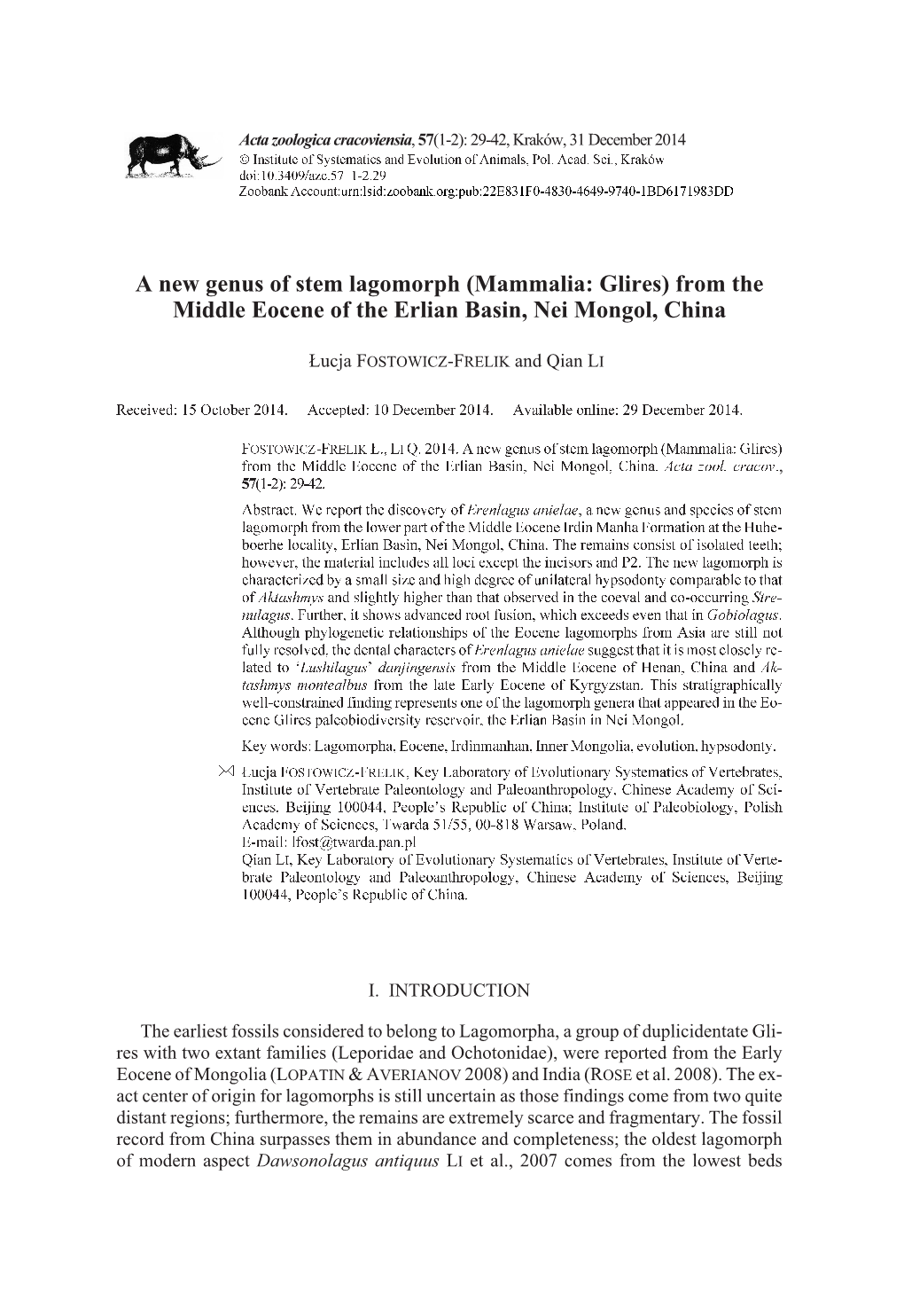 A New Genus of Stem Lagomorph (Mammalia: Glires) from the Middle Eocene of the Erlian Basin, Nei Mongol, China