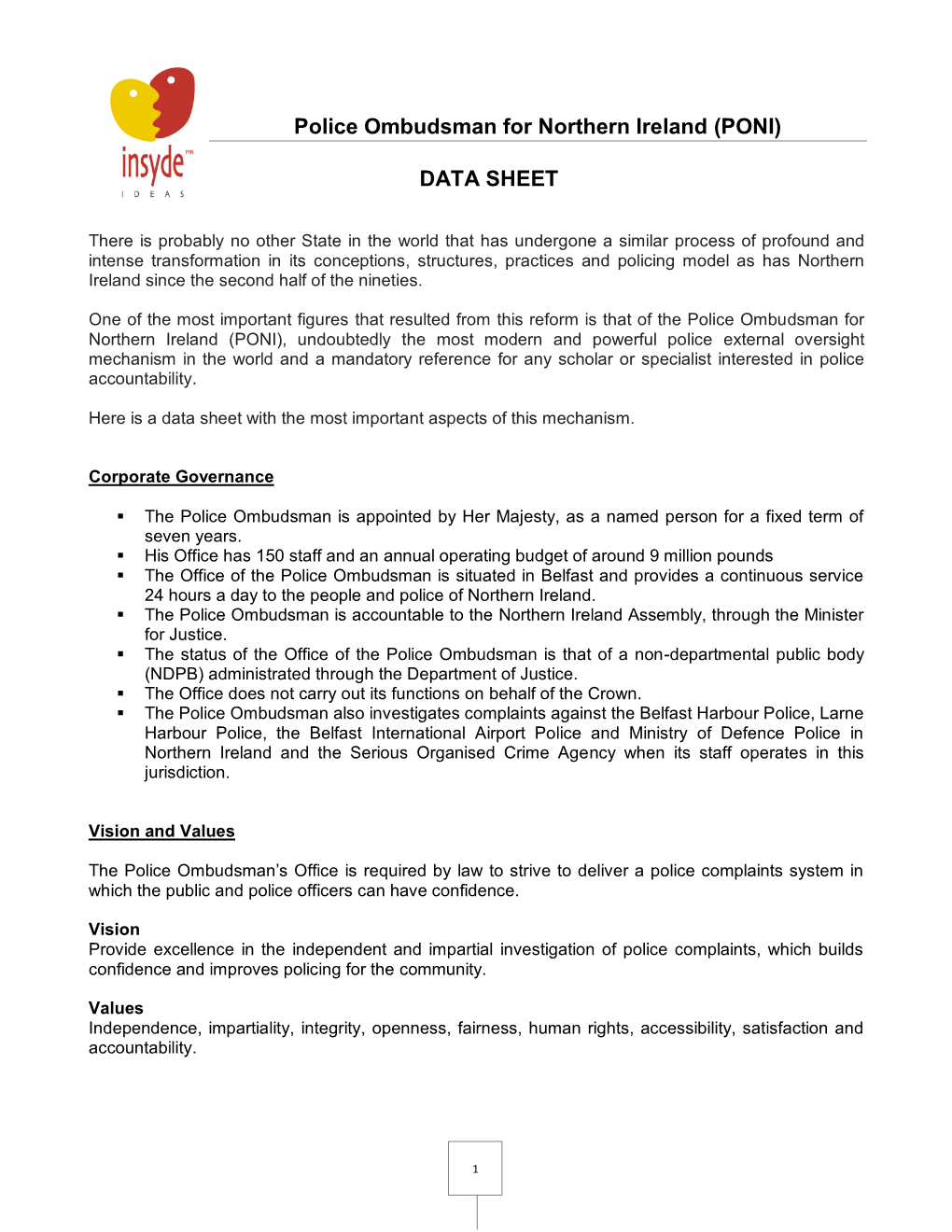 Police Ombudsman for Northern Ireland (PONI) DATA SHEET