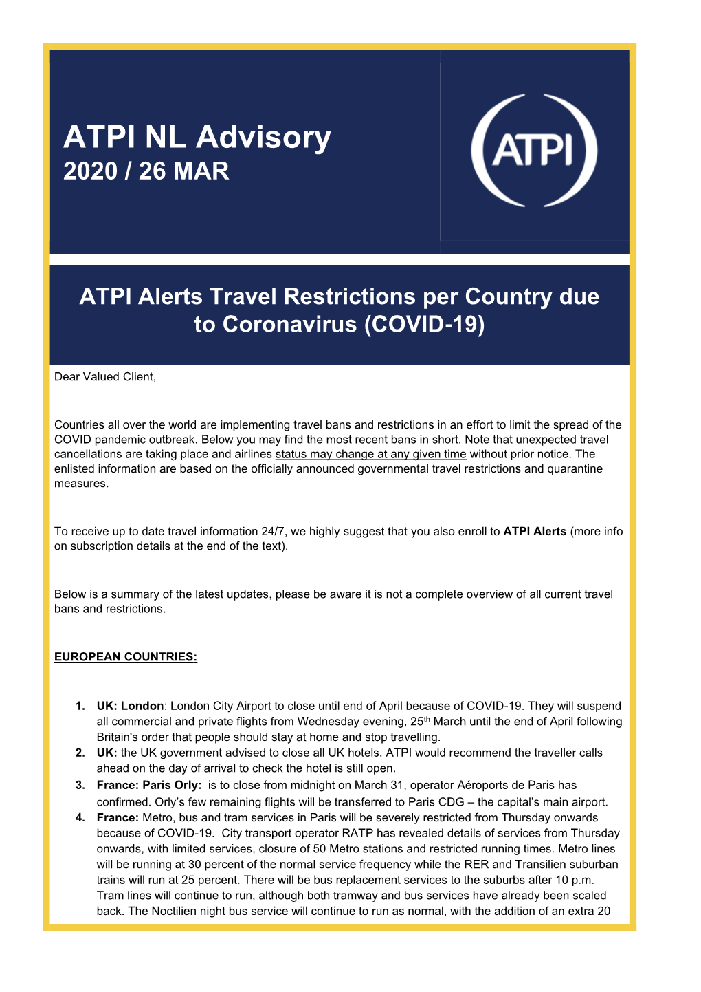 ATPI NL Advisory 2020 / 26 MAR