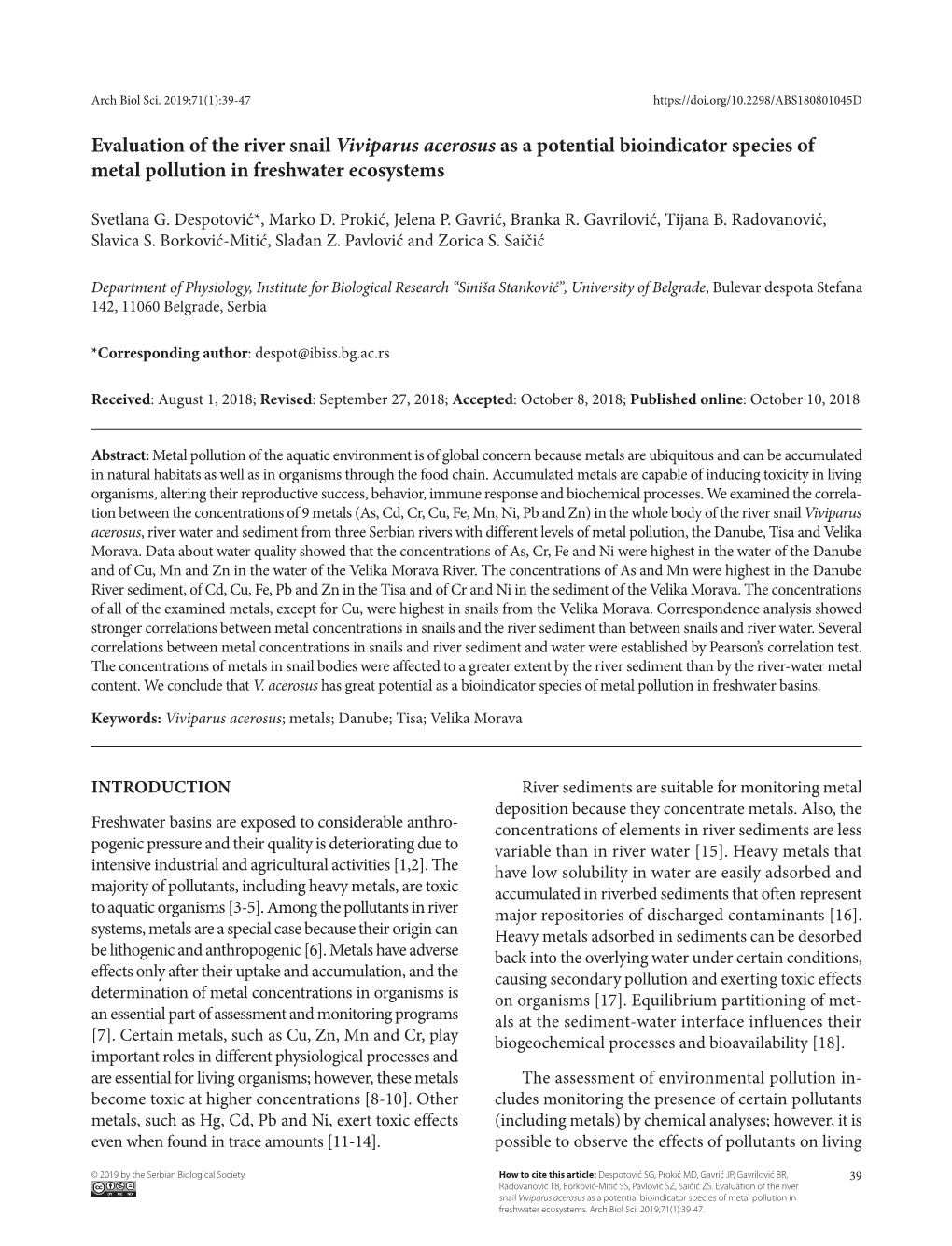 Evaluation of the River Snail Viviparus Acerosus As a Potential Bioindicator Species of Metal Pollution in Freshwater Ecosystems