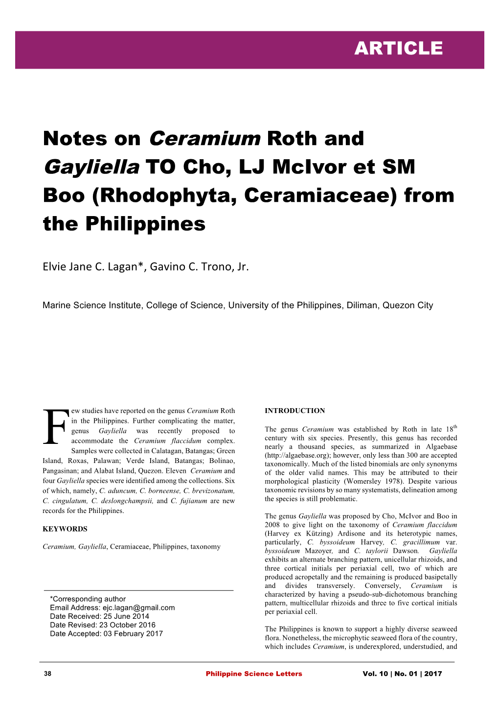 Notes on Ceramium Roth and Gayliella to Cho, LJ Mcivor Et SM Boo (Rhodophyta, Ceramiaceae) from the Philippines